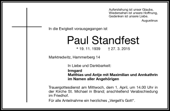 Traueranzeige von Paul Standfest von Frankenpost