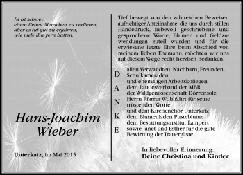 Traueranzeige von Hans-Joachim Wieber von Südthüringer Presse