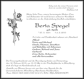 Traueranzeige von Berta Spegel von Frankenpost