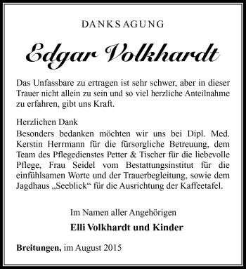 Traueranzeige von Edgar Volkhardt von Südthüringer Presse