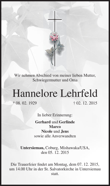 Traueranzeige von Hannelore Lehrfeld von Neue Presse Coburg