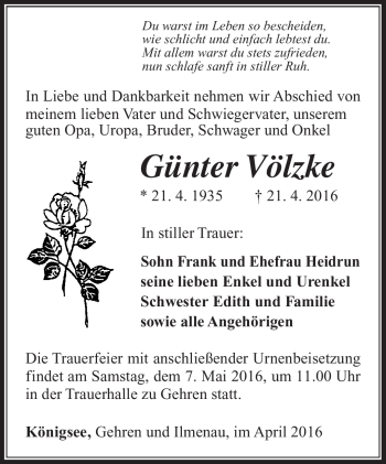 Traueranzeige von Günter Völzke von Südthüringer Presse