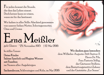 Traueranzeige von Erna Meißler von Südthüringer Presse
