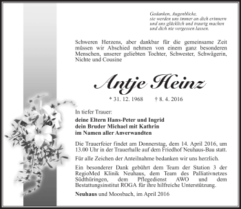 Traueranzeige von Antje Heinz von Südthüringer Presse