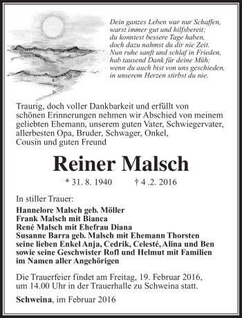 Traueranzeige von Reiner Malsch von Südthüringer Presse