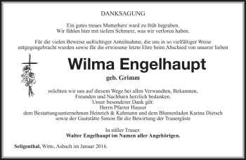 Traueranzeige von Wilma Engelhaupt von Südthüringer Presse
