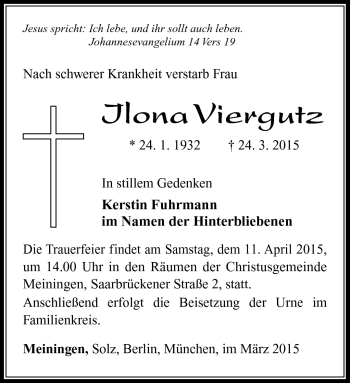 Traueranzeige von Ilona Viergutz von Südthüringer Presse