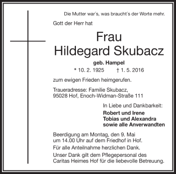 Traueranzeige von Hildegard Skubacz von Frankenpost