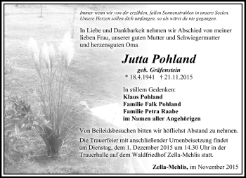 Traueranzeige von Jutta Pohland von Südthüringer Presse