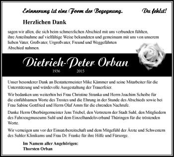 Traueranzeige von Dietrich-Peter Orban von Südthüringer Presse
