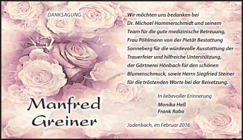 Traueranzeige von Manfred Greiner von Südthüringer Presse
