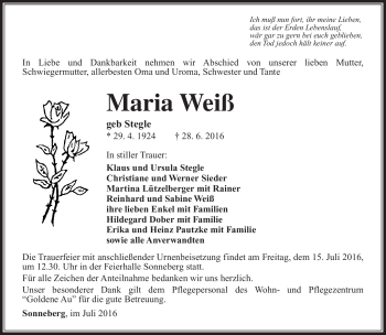 Traueranzeige von Maria Weiß von Südthüringer Presse