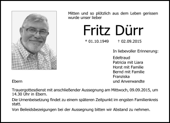 Traueranzeige von Fritz Dürr von Neue Presse Coburg
