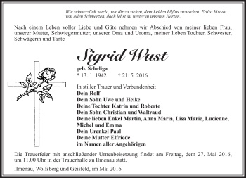 Traueranzeige von Sigrid Wust von Südthüringer Presse