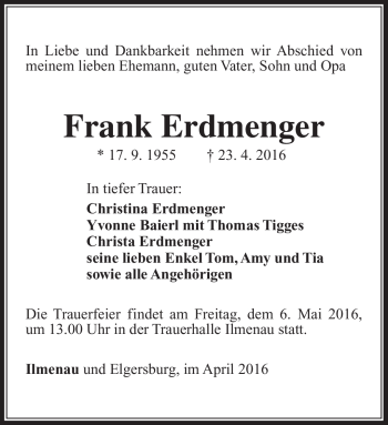 Traueranzeige von Frank Erdmenger von Südthüringer Presse