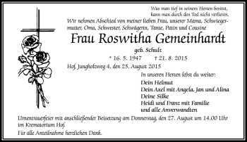 Traueranzeige von Roswitha Gemeinhardt von Frankenpost