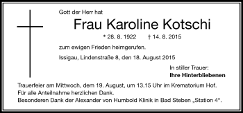 Traueranzeige von Karoline Kotschi von Frankenpost