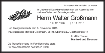Traueranzeige von Walter Großmann von Frankenpost