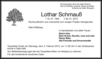 Traueranzeige von Lothar Schmauß von Frankenpost