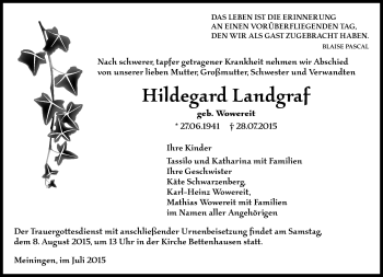 Traueranzeige von Hildegard Landgraf von Südthüringer Presse