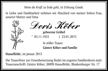 Traueranzeige von Doris Köber von Südthüringer Presse