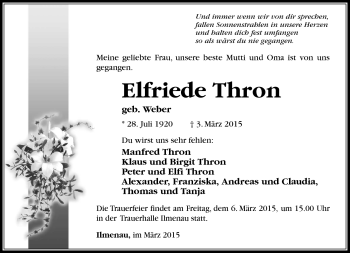 Traueranzeige von Elfriede Thron von Südthüringer Presse