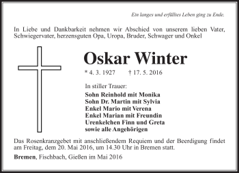 Traueranzeige von Oskar Winter von Südthüringer Presse
