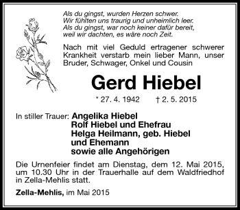 Traueranzeige von Gerd Hiebel von Südthüringer Presse