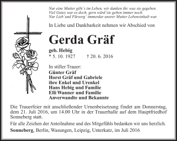 Traueranzeige von Gerda Gräf von Südthüringer Presse