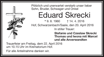 Traueranzeige von Eduard Skrecki von Frankenpost