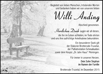 Traueranzeige von Willi Anding von Südthüringer Presse