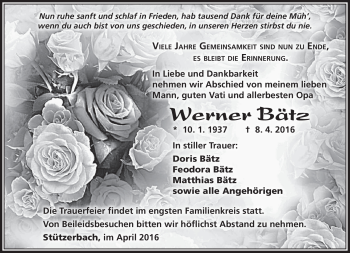 Traueranzeige von Werner Bätz von Südthüringer Presse