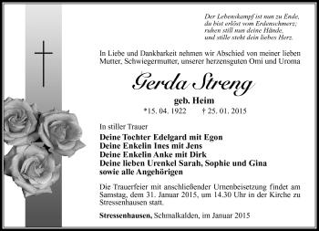 Traueranzeige von Gerda Streng von Südthüringer Presse