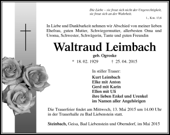 Traueranzeige von Waltraud Leimbach von Südthüringer Presse