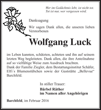 Traueranzeige von Wolfgang Luck von Südthüringer Presse
