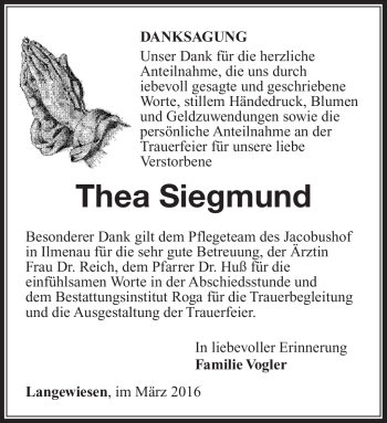 Traueranzeige von Thea Siegmund von Südthüringer Presse