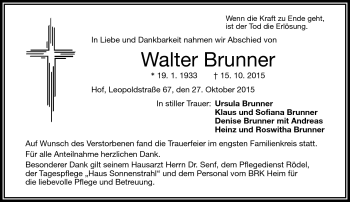 Traueranzeige von Walter Brunner von Frankenpost