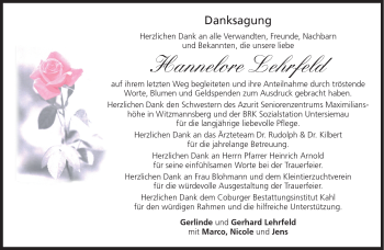 Traueranzeige von Hannelore Lehrfeld von Neue Presse Coburg