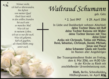 Traueranzeige von Waltraud Schumann von Südthüringer Presse