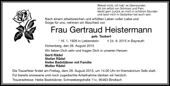 Traueranzeige von Gertraud Heistermann von Frankenpost
