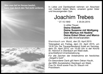 Traueranzeige von Joachim Trebes von Neue Presse Coburg