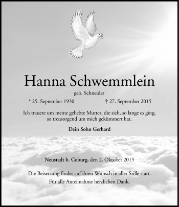 Traueranzeige von Hanna Schwemmlein von Neue Presse Coburg