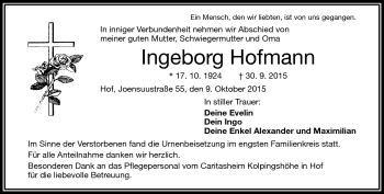 Traueranzeige von Ingeborg Hofmann von Frankenpost