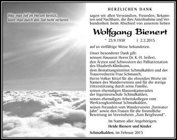 Traueranzeige von Wolfgang Bienert von Südthüringer Presse