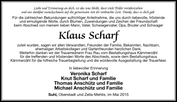 Traueranzeige von Klaus Scharf von Südthüringer Presse