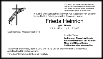 Traueranzeige von Frieda Heinrich von Frankenpost