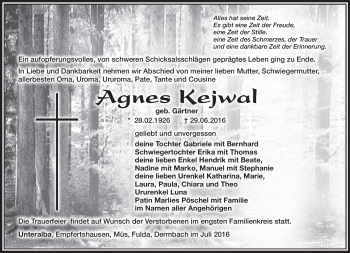 Traueranzeige von Agnes Kejwal von Südthüringer Presse