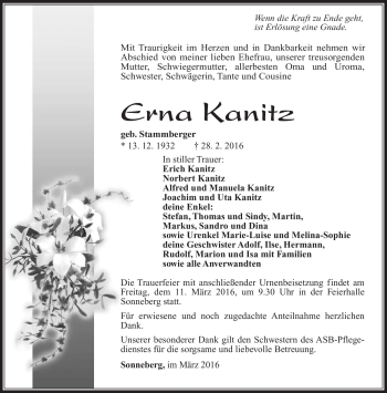 Traueranzeige von Erna Kanitz von Südthüringer Presse