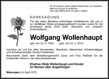 Traueranzeige von Wolfgang Wollenhaupt von Südthüringer Presse