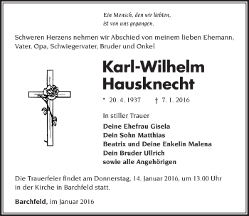 Traueranzeige von Karl-Wilhelm Hausknecht von Südthüringer Presse